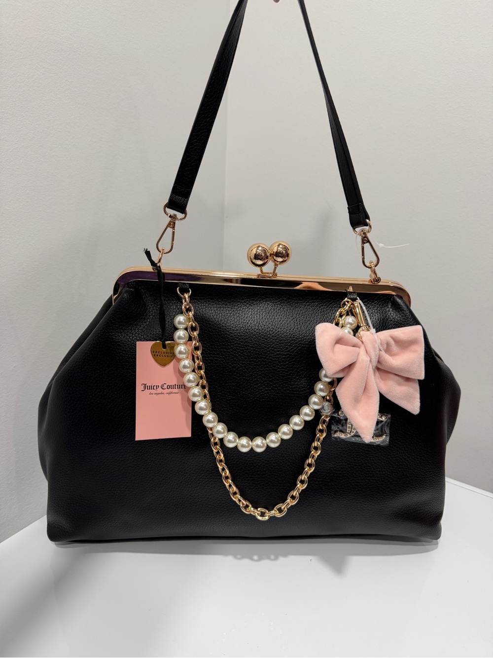Juicy Couture Black Shoulder Bag with Pink Bow Pearl & Gold Chains